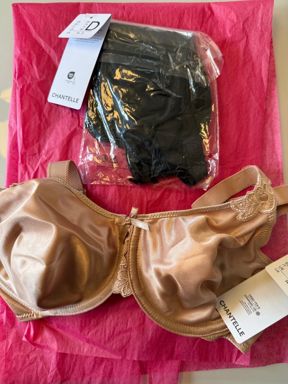 Chantelle Nude and Black Satin Underwire Bra with Lace Trim